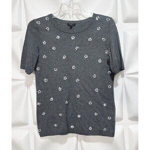 Talbots Sz PP PXS Gray Beaded Sequin Floral Short Sleeve Sweater Knit Blouse Top